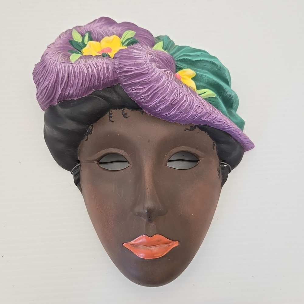 Hand Painted Ceramic Black Lady Face Mask Wall Hanging Decor Vintage 9.5" X 7"